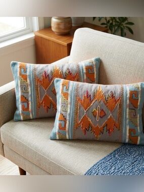 Set of 2 World Market 14x20 Southwestern Kilim Lumbar Pillow Covers Boho Woven